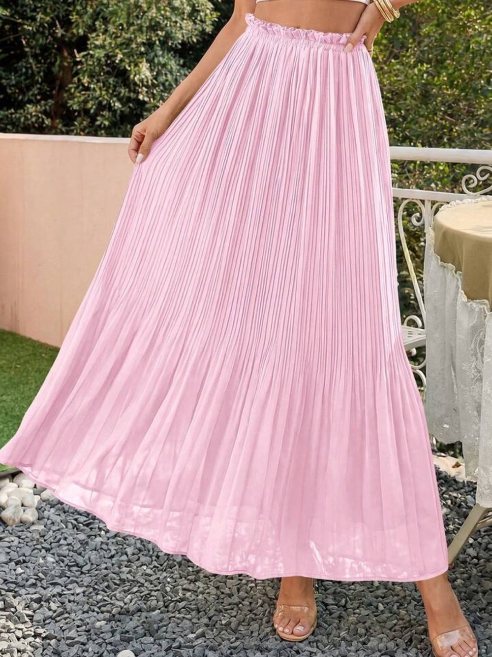 Pleated Baby Pink  Maxi Skirt - Elegant Women's Skirt
